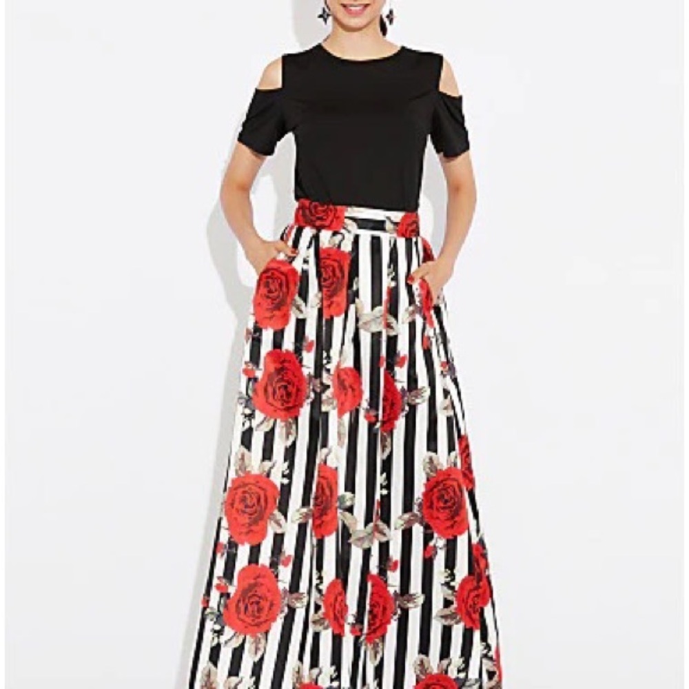 WOMEN’S 2 pcCold Shoulder Top Rose Print Maxi Skirt Pockets Medium